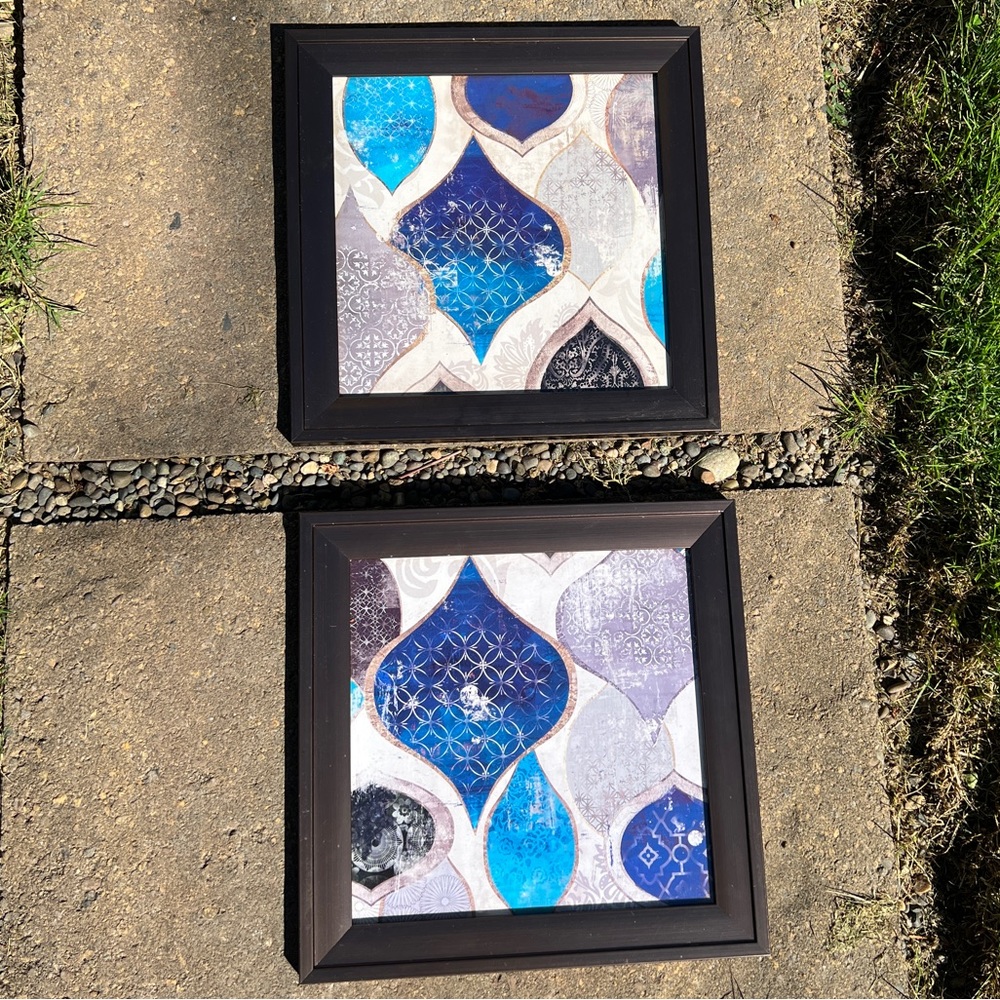 Set of 12” x 12” Framed Art Prints “Blue Motif” EUC Patton Wall Decor